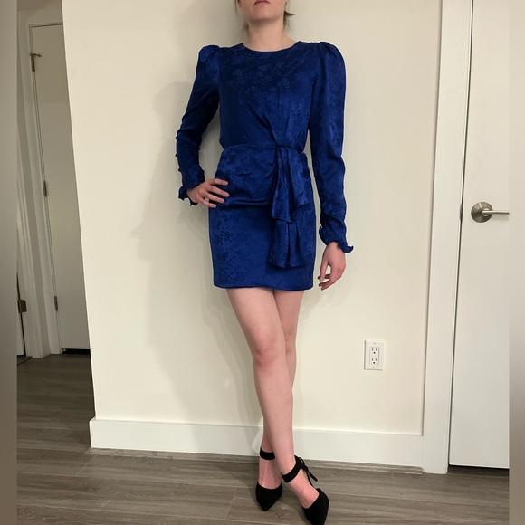 Saloni Blue Satiny Floral Pattern Mini Cocktail Dress - Picture 2 of 6